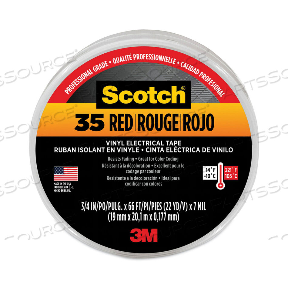 SCOTCH 35 VINYL ELECTRICAL COLOR CODING TAPE, 3" CORE, 0.75" X 66 FT, RED by 3M Consumer