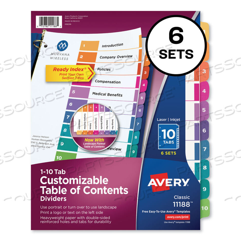CUSTOMIZABLE TOC READY INDEX MULTICOLOR TAB DIVIDERS, 10-TAB, 1 TO 10, 11 X 8.5, WHITE, TRADITIONAL COLOR TABS, 6 SETS by Avery