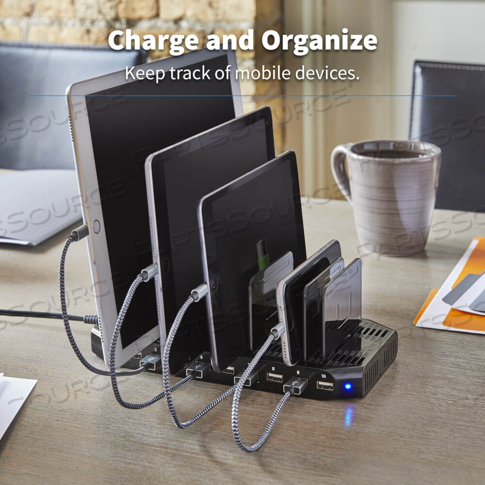 DESKTOP CHARGING STATION WITH ADJUSTABLE STORAGE, 10 DEVICES, 9.4 X 4.7 X 1, BLACK by Tripp Lite