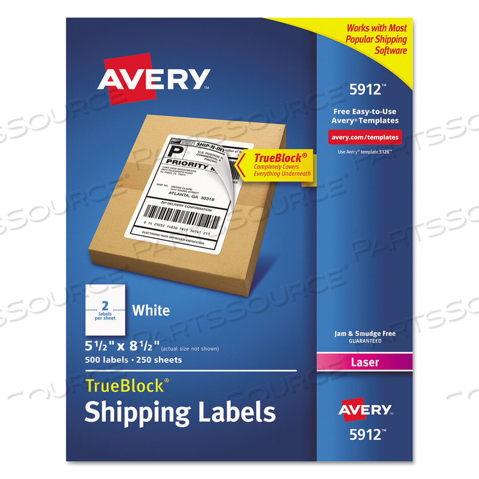 SHIPPING LABELS W/ TRUEBLOCK TECHNOLOGY, LASER PRINTERS, 5.5 X 8.5, WHITE, 2/SHEET, 250 SHEETS/BOX by Avery