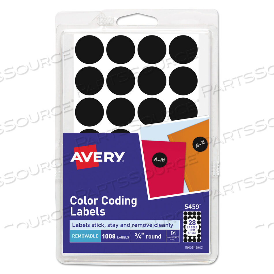 HANDWRITE ONLY SELF-ADHESIVE REMOVABLE ROUND COLOR-CODING LABELS, 0.75" DIA, BLACK, 28/SHEET, 36 SHEETS/PACK, (5459) by Avery