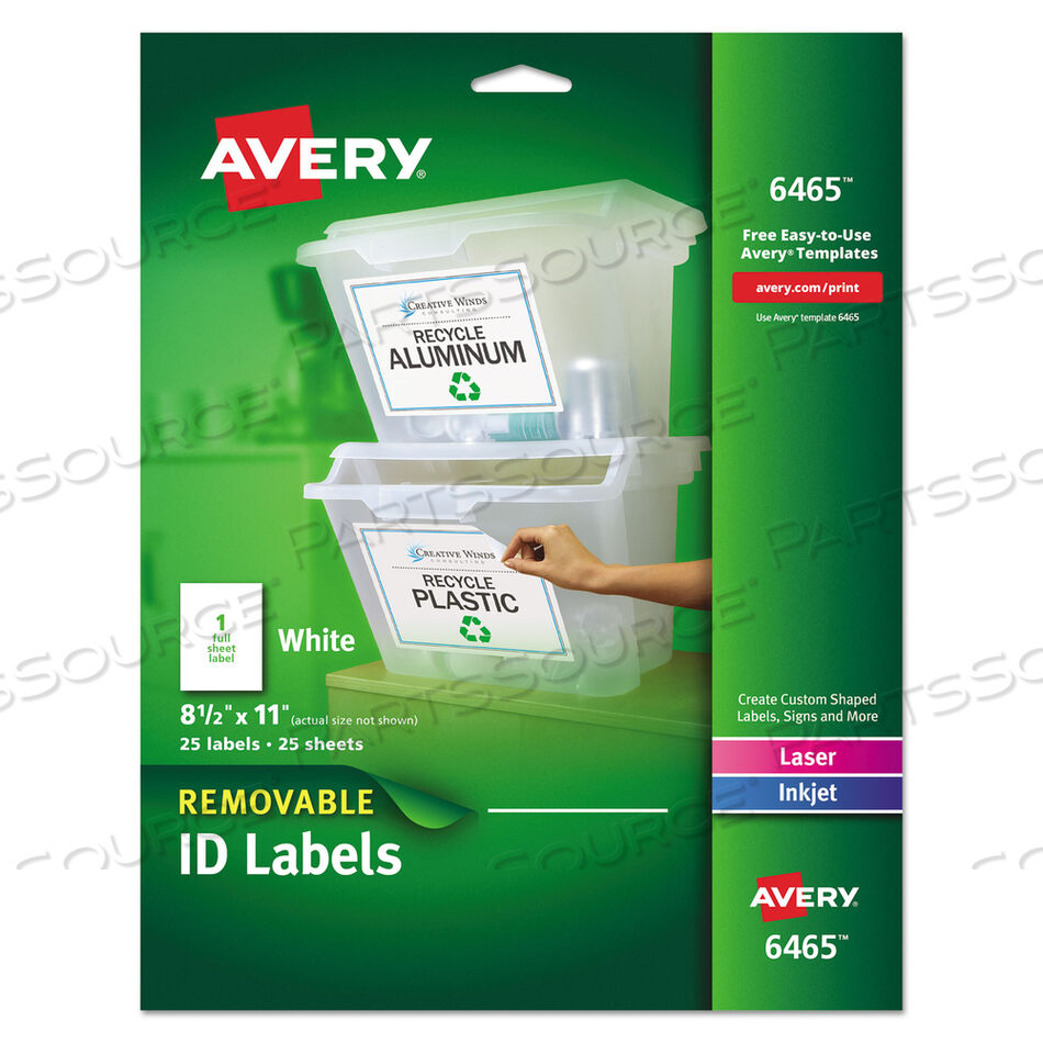 REMOVABLE MULTI-USE LABELS, INKJET/LASER PRINTERS, 8.5 X 11, WHITE, 25/PACK by Avery