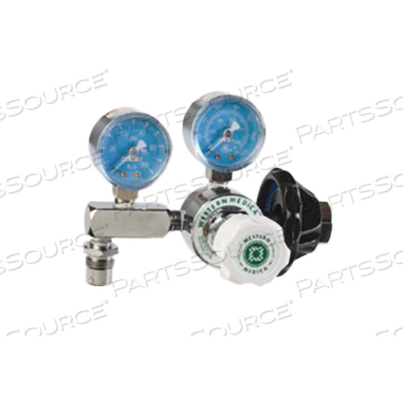 ADJUSTABLE SINGLE STAGE REGULATOR, CGA 346 HAND TIGHT NUT AND NIPPLE, 0 TO 100 PSI DELIVERY, 3000 PSI INLET, MEETS FDA, ISO 9001, 2 IN DIA by Western Enterprises
