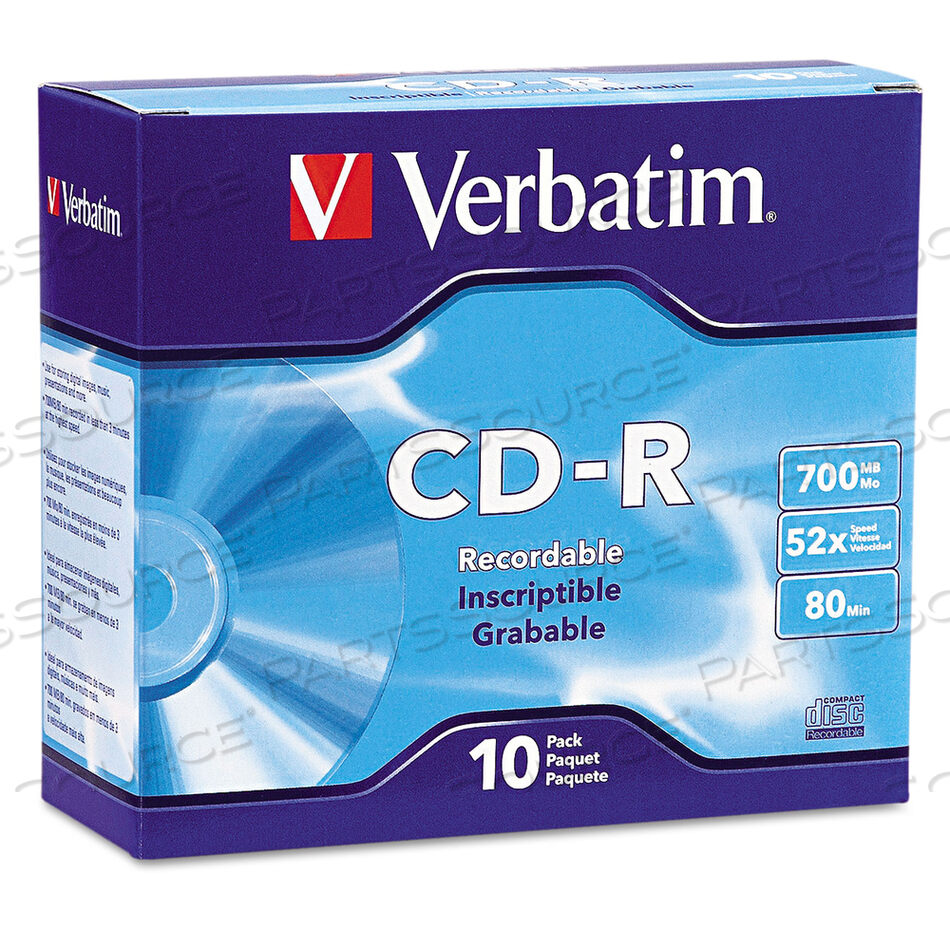 CD-R RECORDABLE DISC, 700 MB/80 MIN, 52X, SLIM JEWEL CASE, SILVER, 10/PACK by Verbatim