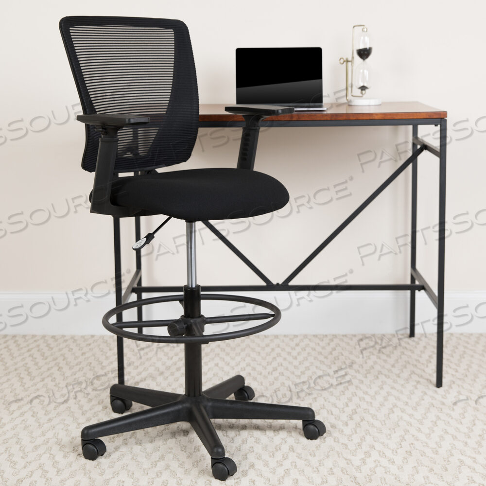 HARPER ERGONOMIC MID-BACK MESH DRAFTING CHAIR WITH BLACK FABRIC SEAT, ADJUSTABLE FOOT RING AND ADJUSTABLE ARMS by Flash Furniture