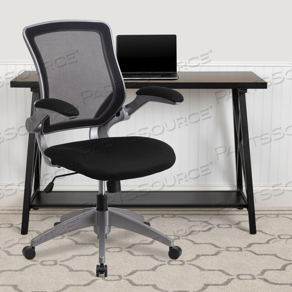 KALE MID-BACK BLACK MESH SWIVEL ERGONOMIC TASK OFFICE CHAIR WITH GRAY FRAME AND FLIP-UP ARMS by Flash Furniture