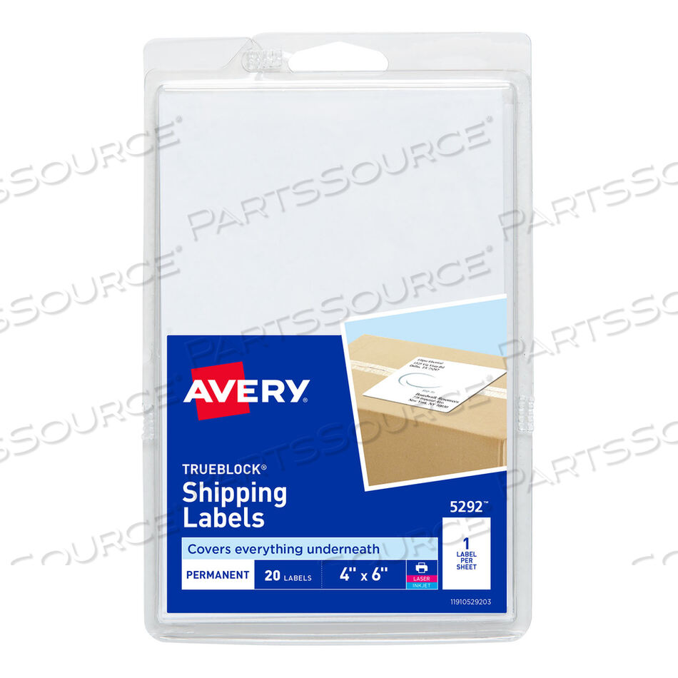 4 X 6 SHIPPING LABELS WITH TRUEBLOCK TECHNOLOGY, INKJET/LASER PRINTERS, 4 X 6, WHITE, 20/PACK by Avery