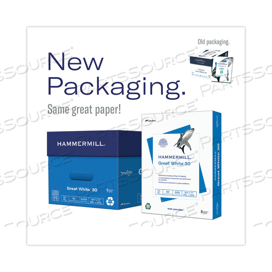 GREAT WHITE 30 RECYCLED PRINT PAPER, 92 BRIGHT, 20 LB BOND WEIGHT, 8.5 X 11, WHITE, 500 SHEETS/REAM, 10 REAMS/CARTON by Hammermill