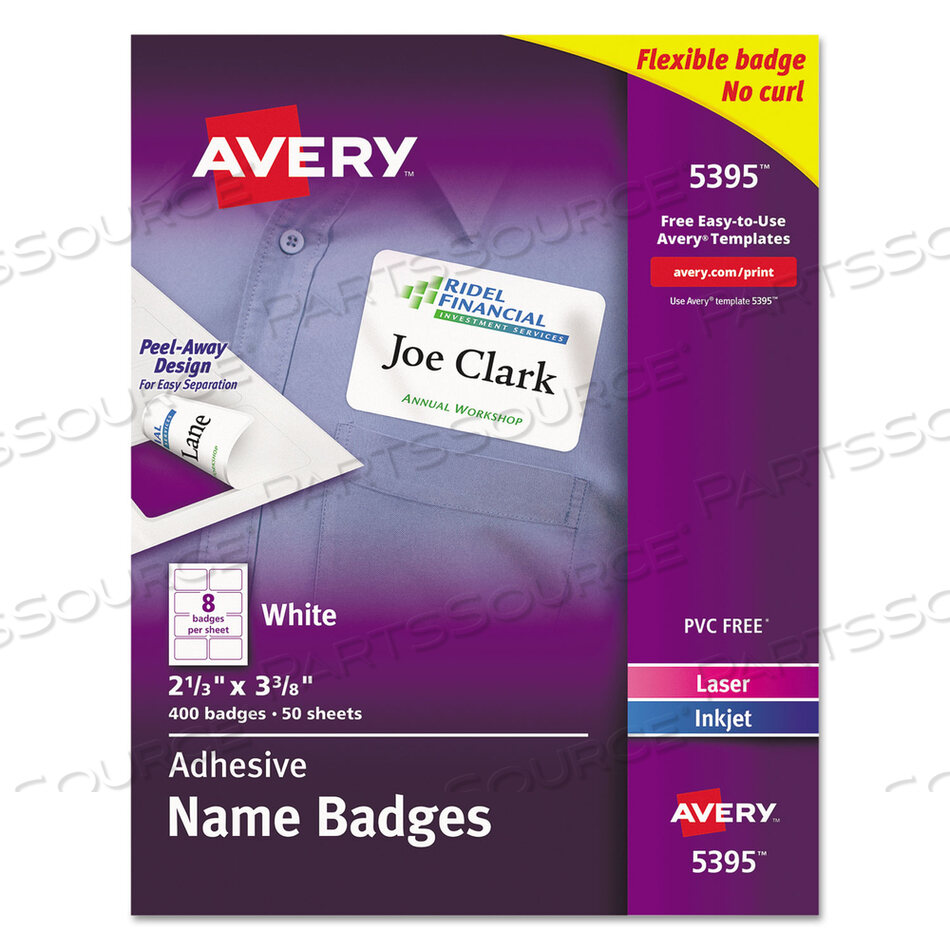 FLEXIBLE ADHESIVE NAME BADGE LABELS, 3.38 X 2.33, WHITE, 400/BOX by Avery