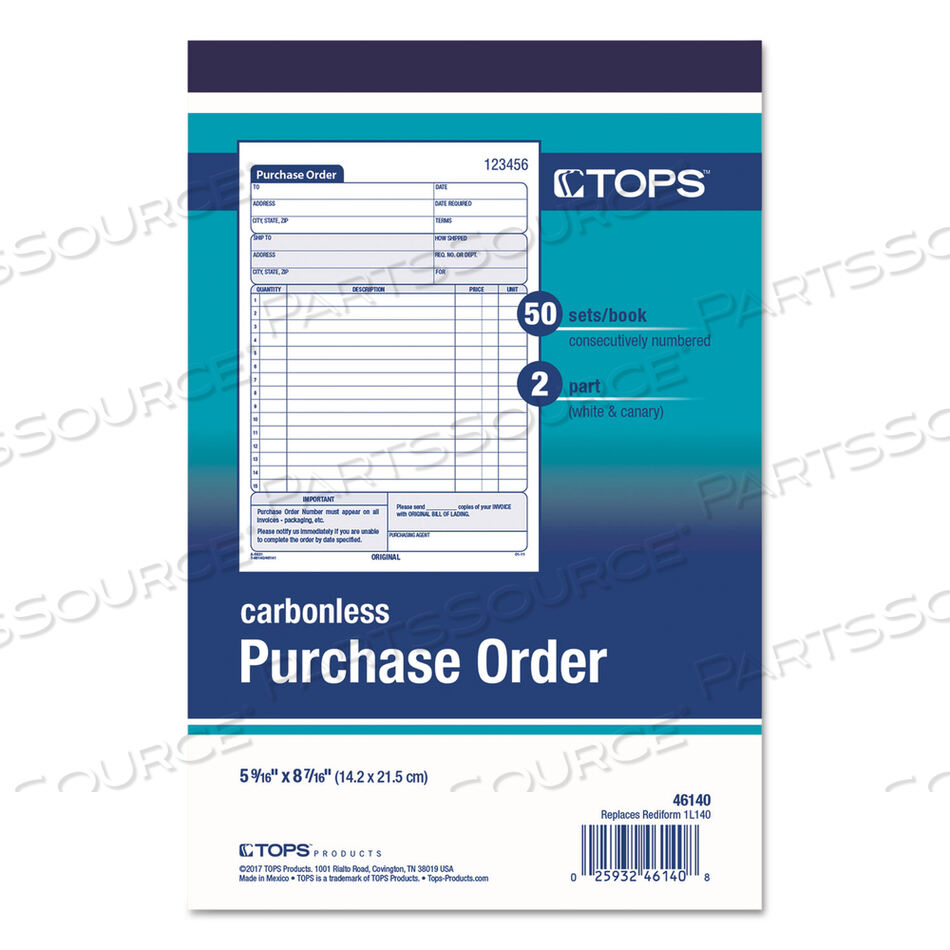 PURCHASE ORDER BOOK, 12 LINES, TWO-PART CARBONLESS, 5.56 X 8.44, 50 FORMS TOTAL by Tops