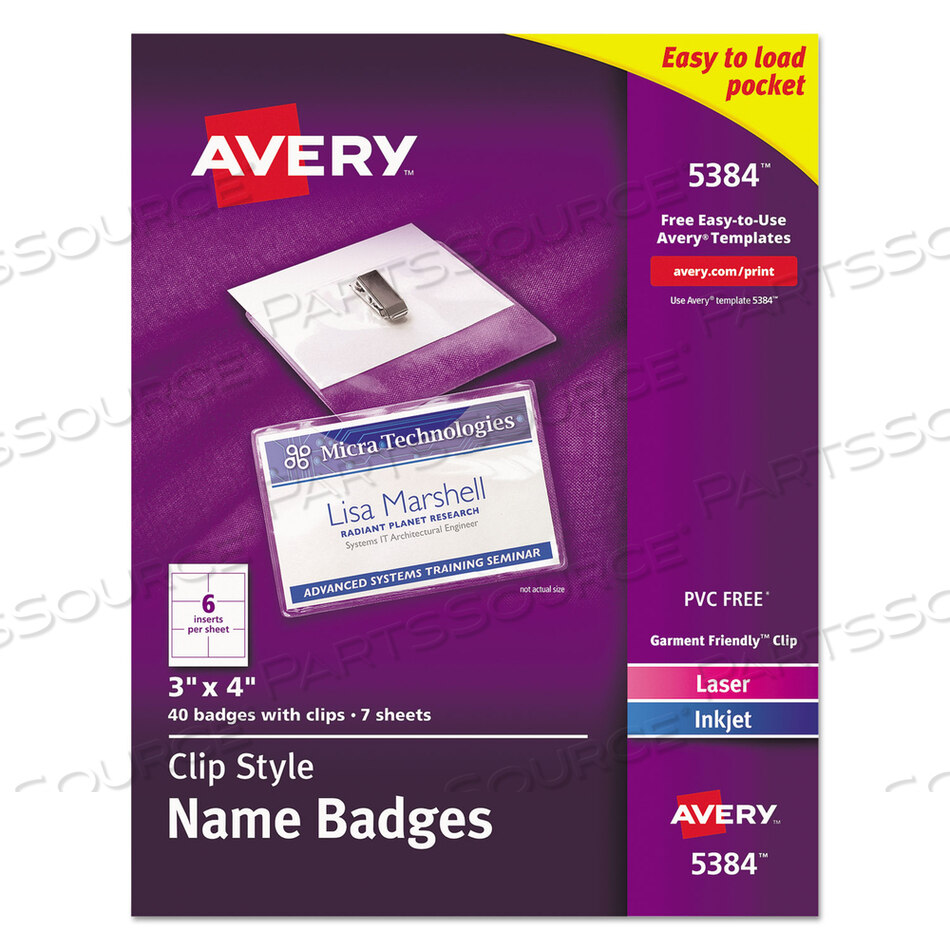 CLIP-STYLE NAME BADGE HOLDER WITH LASER/INKJET INSERT, TOP LOAD, 4 X 3, WHITE, 40/BOX by Avery