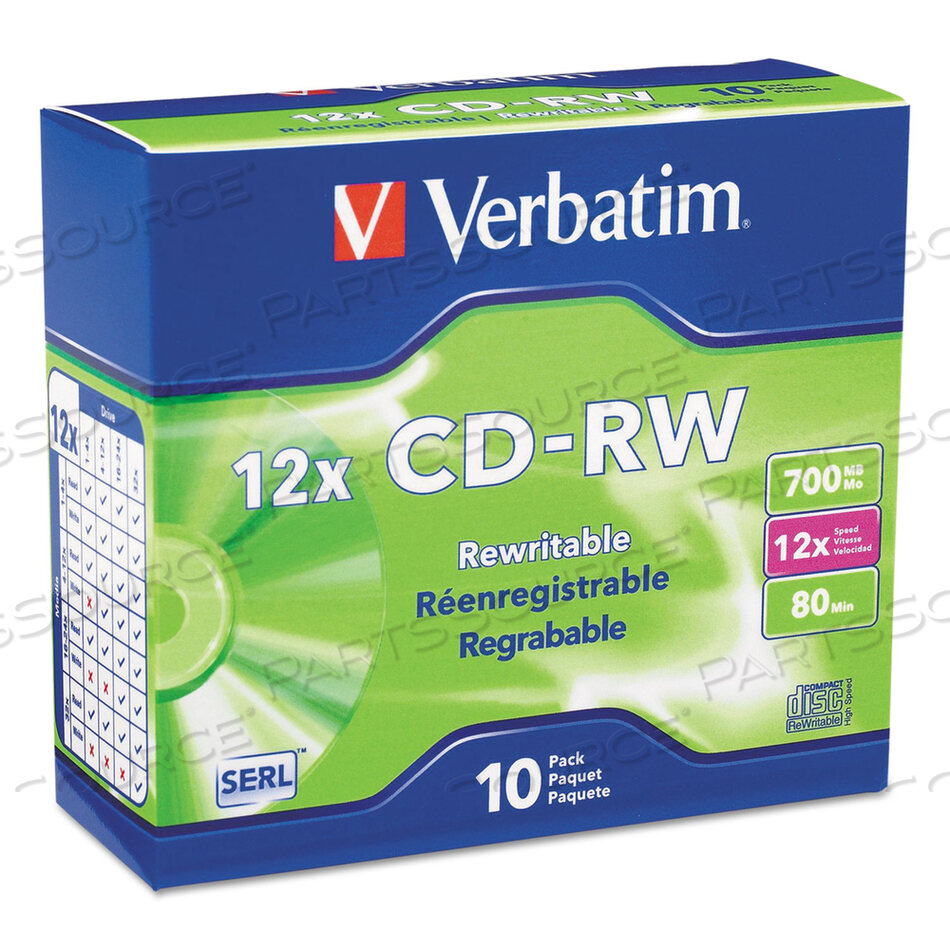 CD-RW HIGH-SPEED REWRITABLE DISC, 700 MB/80 MIN, 12X, SLIM JEWEL CASE, SILVER, 10/PACK by Verbatim