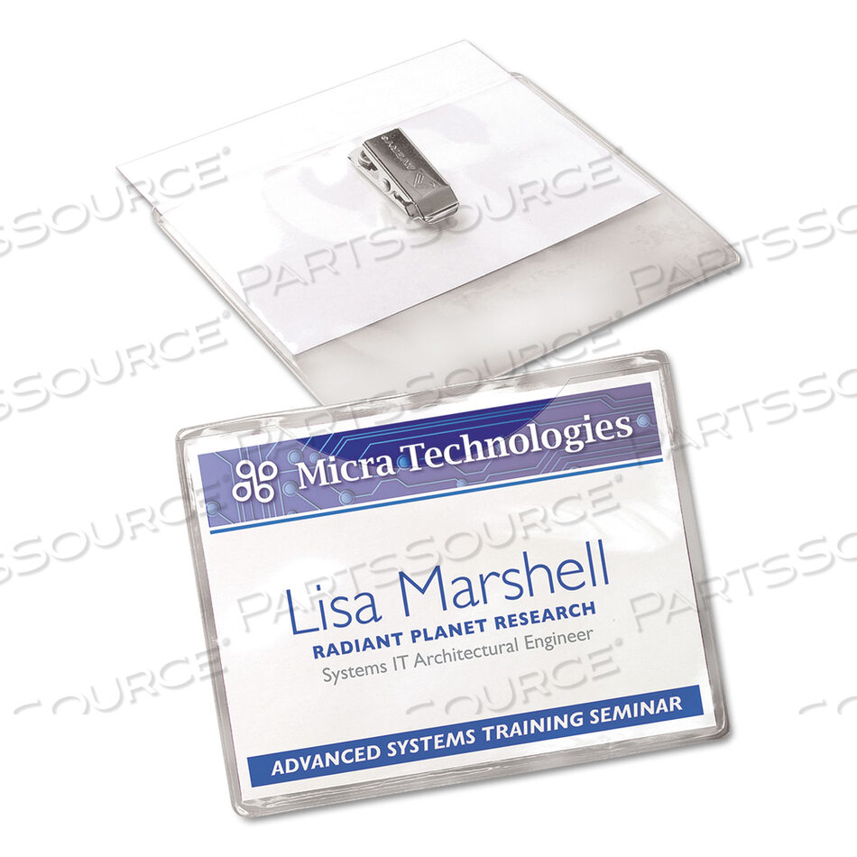 CLIP-STYLE NAME BADGE HOLDER WITH LASER/INKJET INSERT, TOP LOAD, 4 X 3, WHITE, 40/BOX by Avery