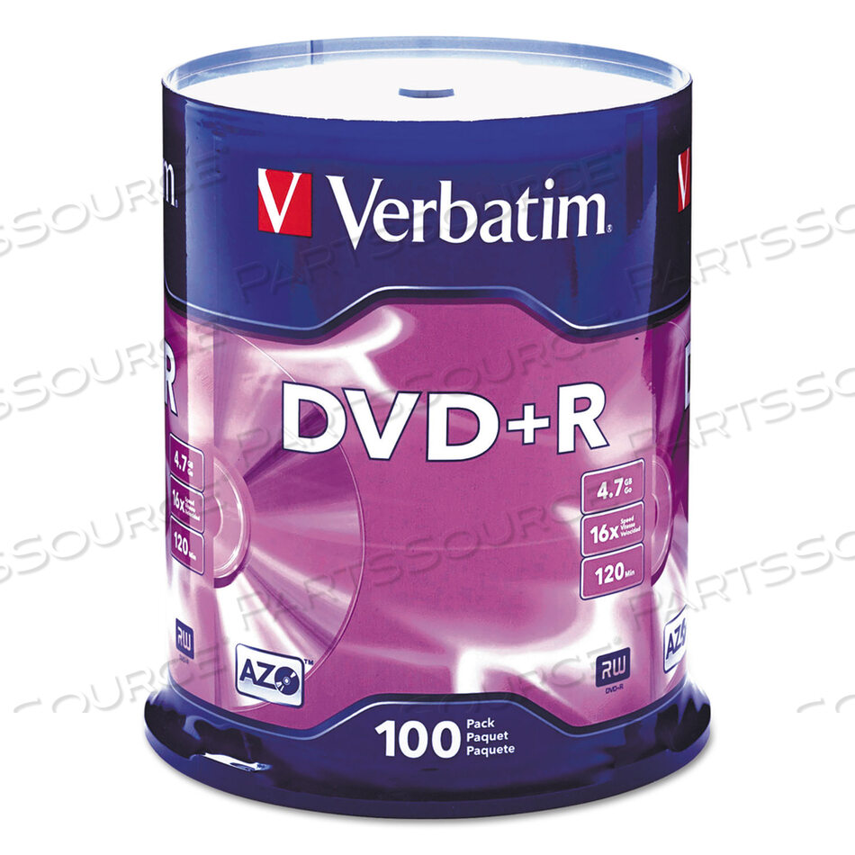 DVD+R RECORDABLE DISC, 4.7 GB, 16X, SPINDLE, SILVER, 100/PACK by Verbatim