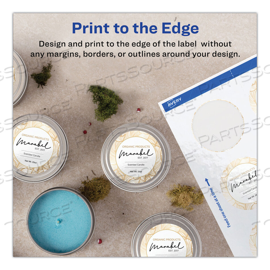 ROUND PRINT-TO-THE EDGE LABELS WITH SUREFEED, 2.5" DIA, GLOSSY WHITE, 90/PK by Avery