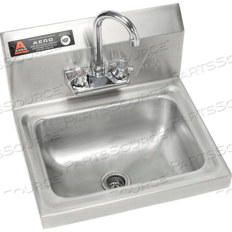 WALL MOUNT STAINLESS STEEL HAND SINK 14"W 10"D WITH 7" GOOSENECK FAUCET, 8" BACKSPLASH by Aero Manufacturing Co.