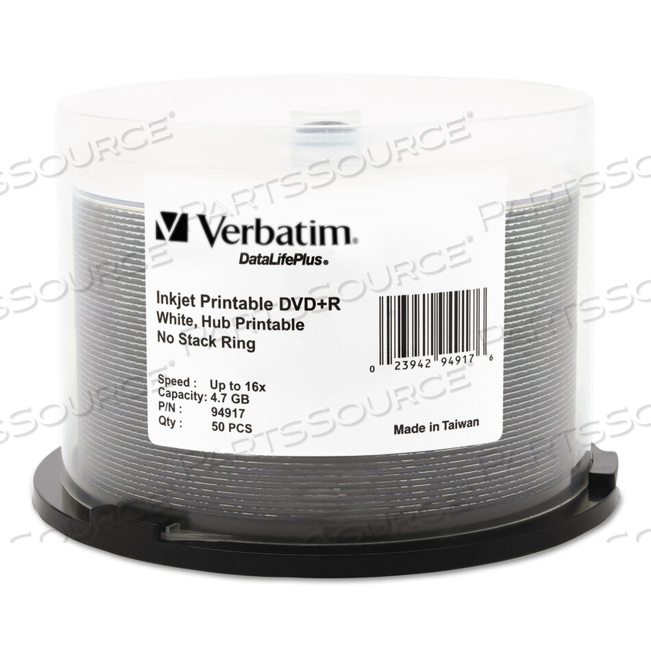 DVD+R RECORDABLE DISC, 4.7 GB, 16X, SPINDLE, HUB PRINTABLE, WHITE, 50/PACK by Verbatim
