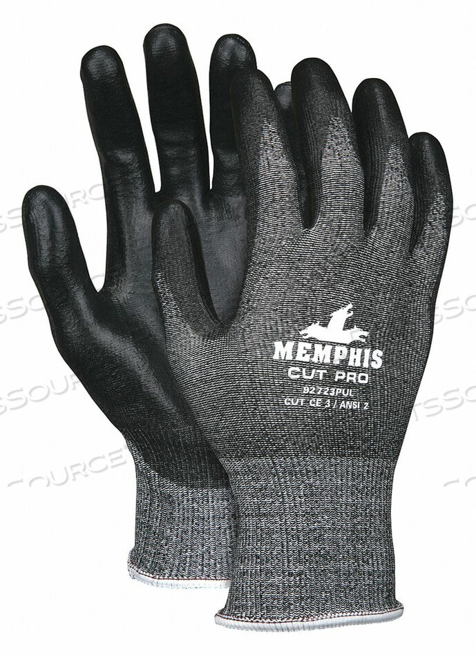 CUT PRO A2, 13 GA, SALT/PEPPER HPPE/SYNTHETIC SHELL, BLACK PU PALM/FINGERS, XS-XXL, ANSI CUT A2, ABRASION 4, PUNCTURE 4 by MCR Safety