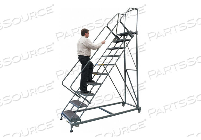 12 STEP 24"W STEEL SAFETY ANGLE ROLLING LADDER W/ HANDRAILS - PERFORATED TREAD by Ballymore