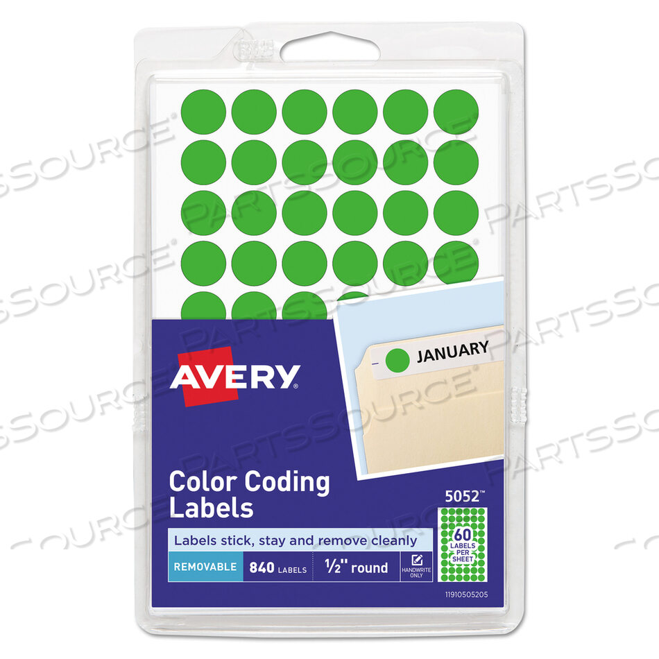 HANDWRITE ONLY SELF-ADHESIVE REMOVABLE ROUND COLOR-CODING LABELS, 0.5" DIA, NEON GREEN, 60/SHEET, 14 SHEETS/PACK, (5052) by Avery