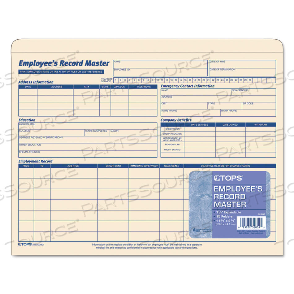 EMPLOYEE RECORD MASTER FILE JACKET, STRAIGHT TAB, LETTER SIZE, MANILA, 15/PACK by Tops
