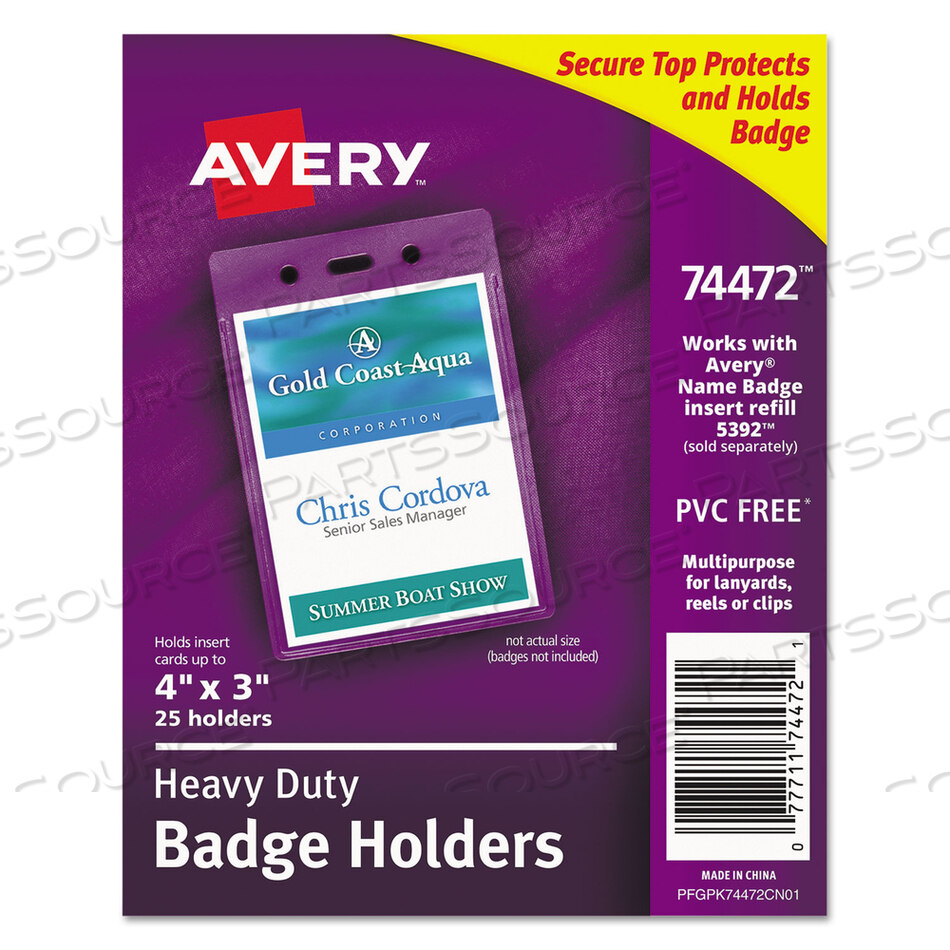 SECURE TOP HEAVY-DUTY BADGE HOLDERS, VERTICAL, 3W X 4H, CLEAR, 25/PACK by Avery