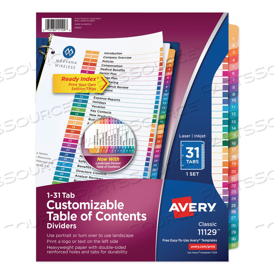 CUSTOMIZABLE TOC READY INDEX MULTICOLOR TAB DIVIDERS, 31-TAB, 1 TO 31, 11 X 8.5, WHITE, TRADITIONAL COLOR TABS, 1 SET by Avery