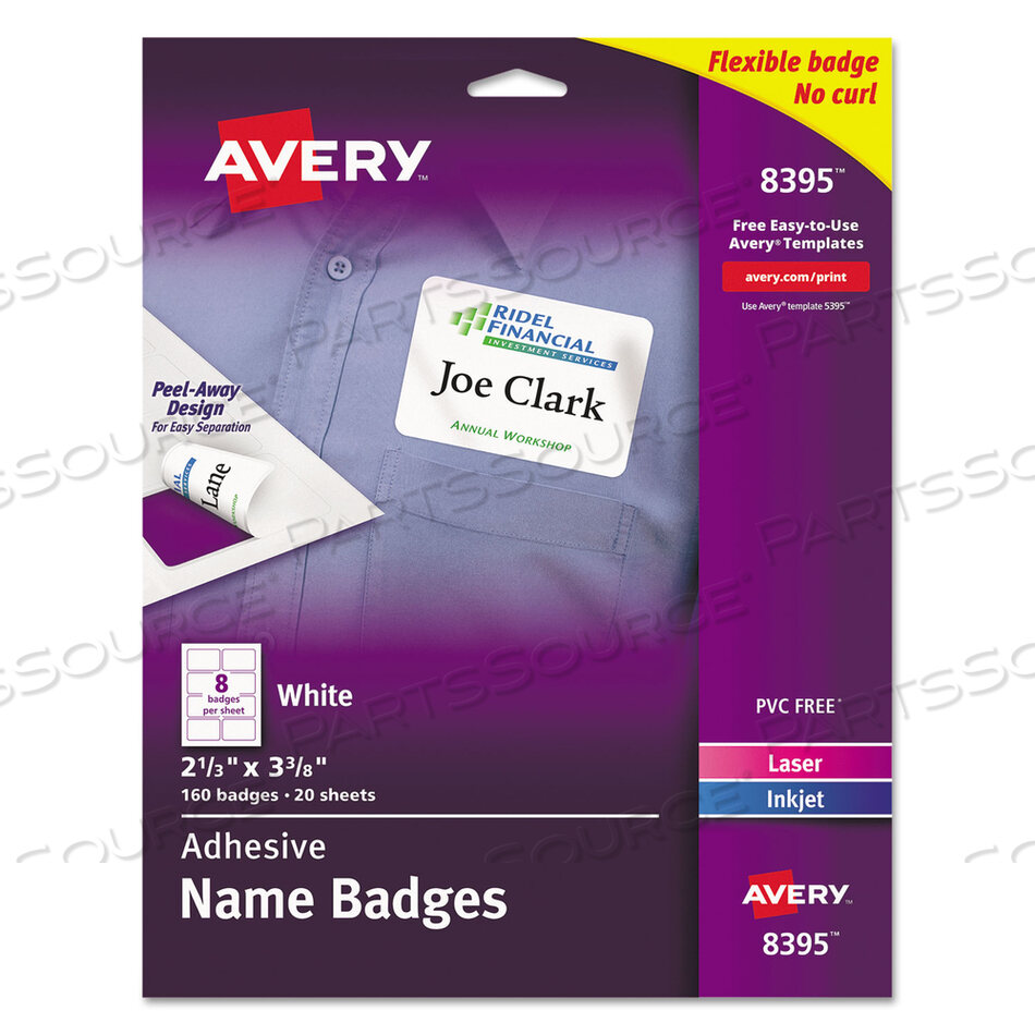 FLEXIBLE ADHESIVE NAME BADGE LABELS, 3.38 X 2.33, WHITE, 160/PACK by Avery