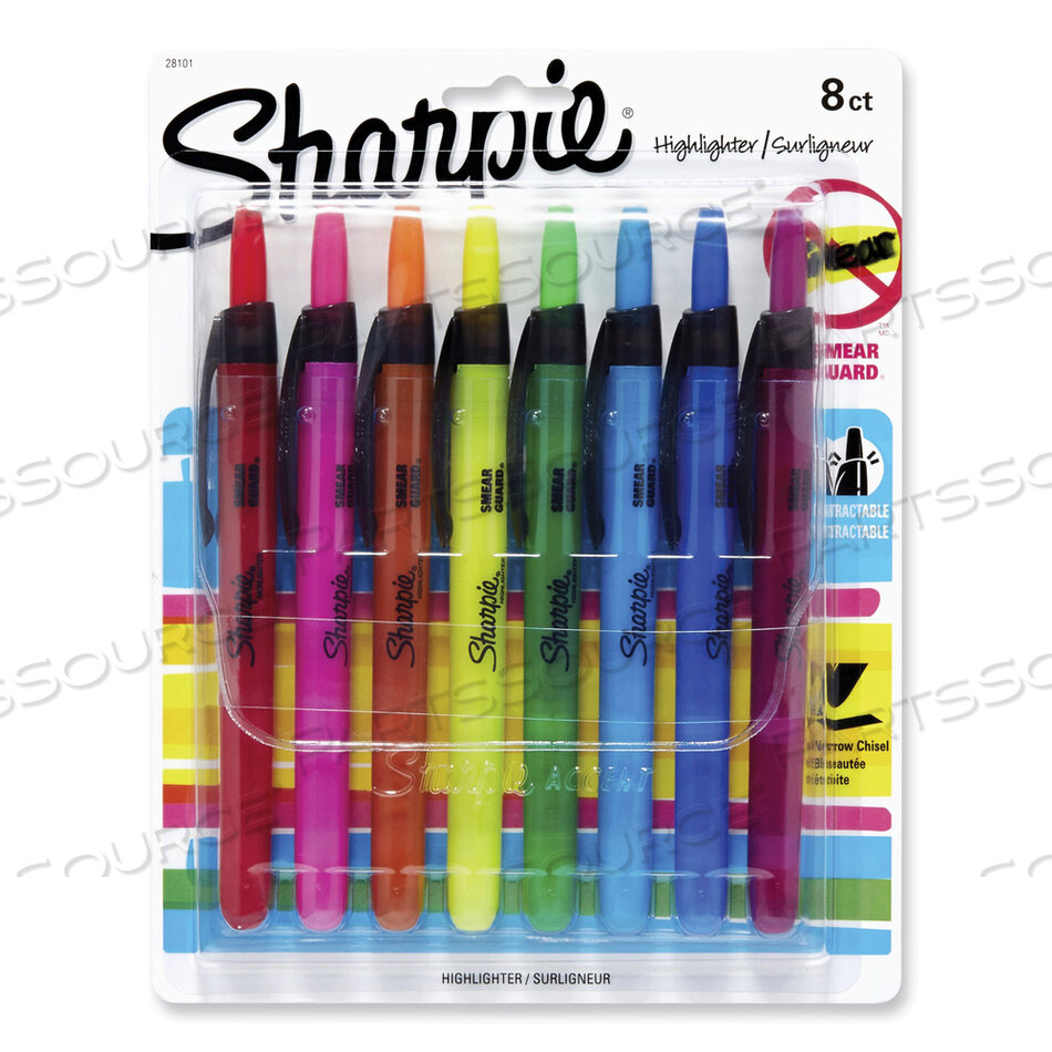 RETRACTABLE HIGHLIGHTERS WITH STORAGE POUCH, ASSORTED INK COLORS, CHISEL TIP, ASSORTED BARREL COLORS, 8/SET by Sharpie