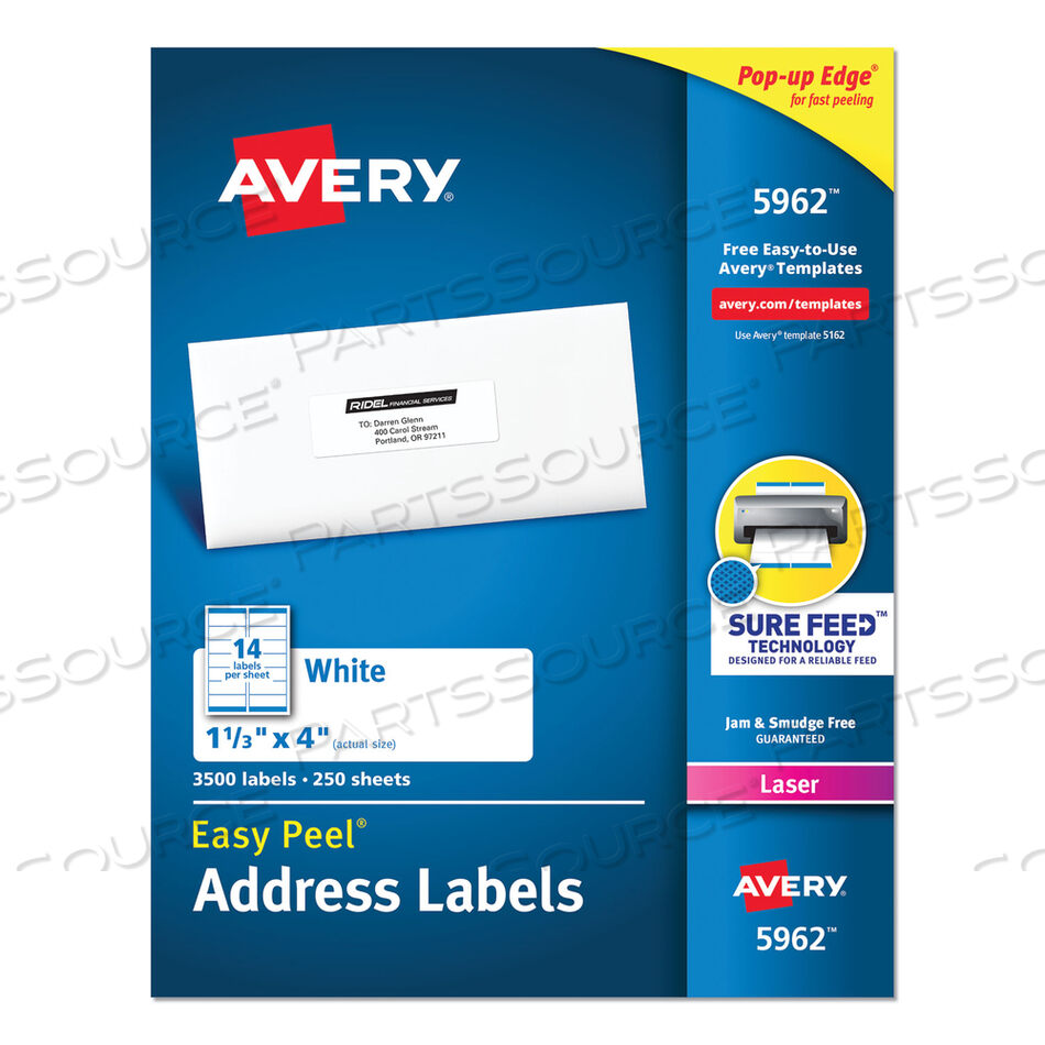 EASY PEEL WHITE ADDRESS LABELS W/ SURE FEED TECHNOLOGY, LASER PRINTERS, 1.33 X 4, WHITE, 14/SHEET, 250 SHEETS/BOX by Avery