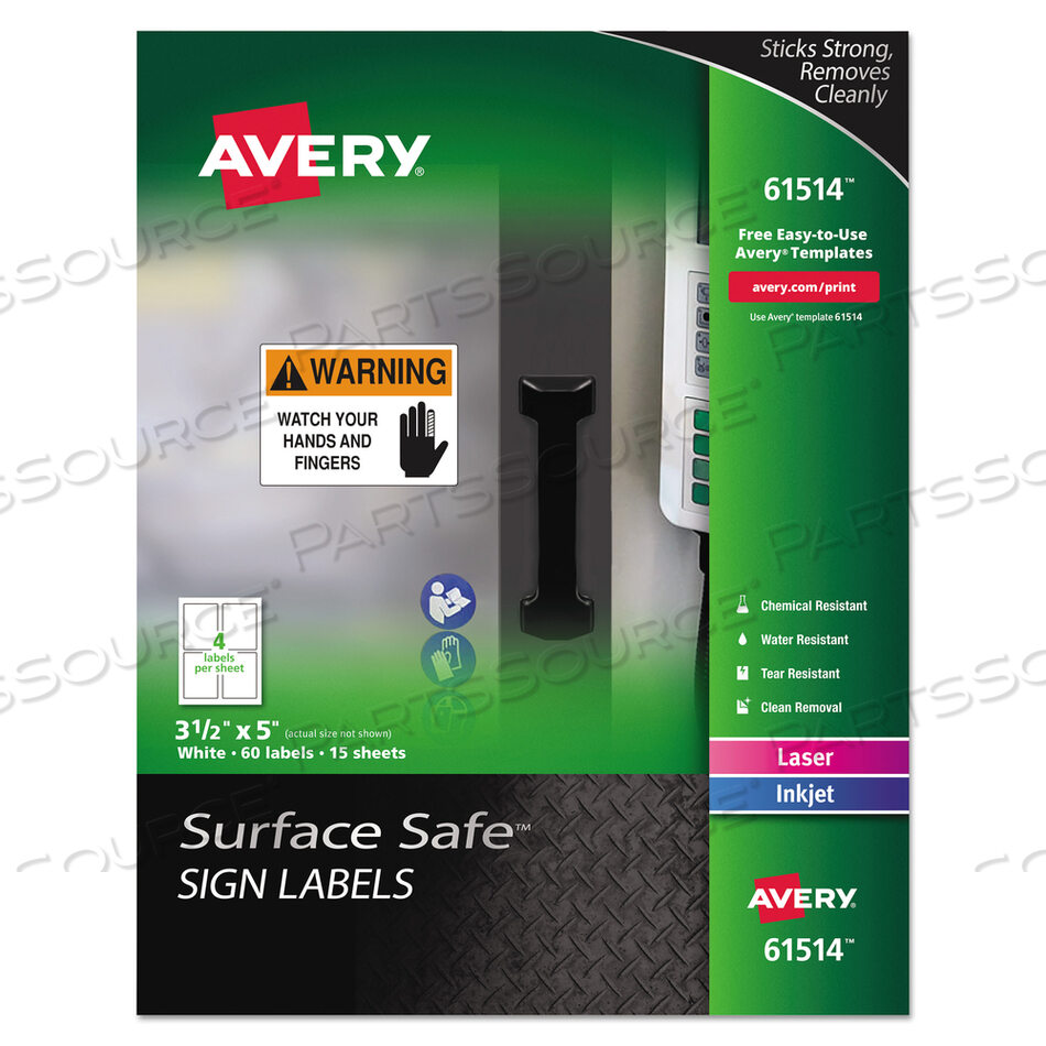 SURFACE SAFE REMOVABLE LABEL SAFETY SIGNS, INKJET/LASER PRINTERS, 3.5 X 5, WHITE, 4/SHEET, 15 SHEETS/PACK by Avery