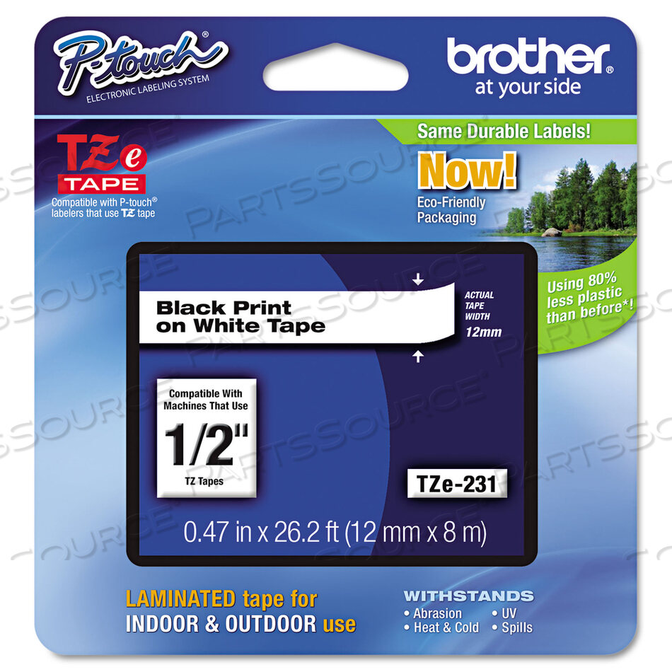 TZE STANDARD ADHESIVE LAMINATED LABELING TAPE, 0.47" X 26.2 FT, BLACK ON WHITE by Brother