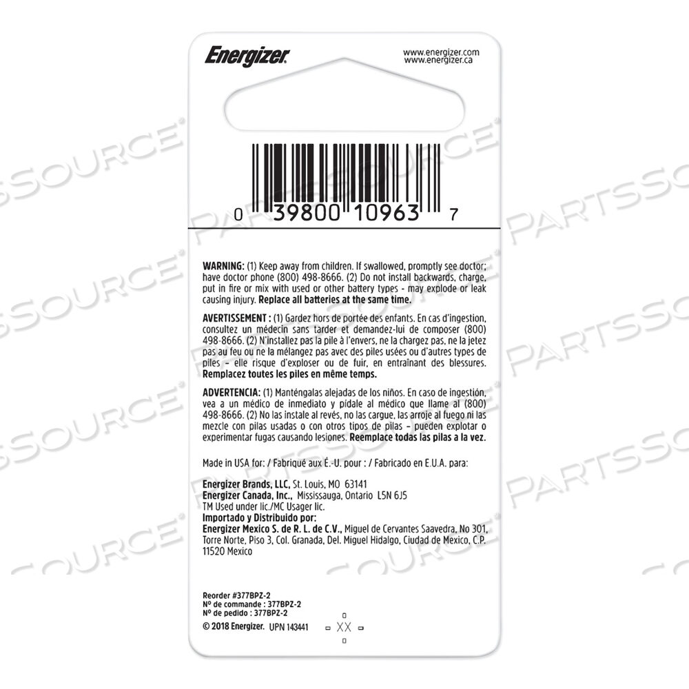 BATTERY, BUTTON CELL, 377, SILVER OXIDE, 1.5V, 24 MAH by Energizer