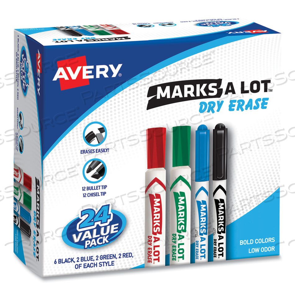 MARKS A LOT DESK/PEN-STYLE DRY ERASE MARKER VALUE PACK, ASSORTED BROAD BULLET/CHISEL TIPS, ASSORTED COLORS, 24/PACK (29870) by Avery