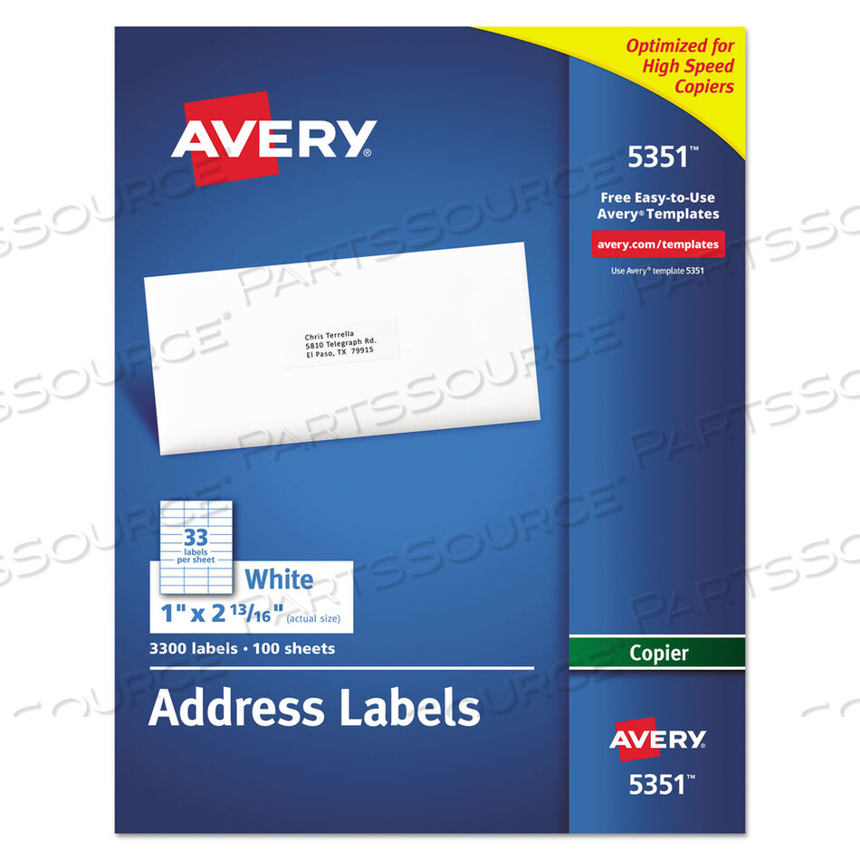 COPIER MAILING LABELS, COPIERS, 1 X 2.81, WHITE, 33/SHEET, 100 SHEETS/BOX by Avery