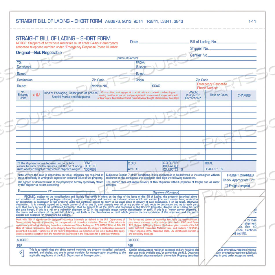 HAZARDOUS MATERIAL SHORT FORM, THREE-PART CARBONLESS, 7 X 8.5, 250 FORMS TOTAL by Tops