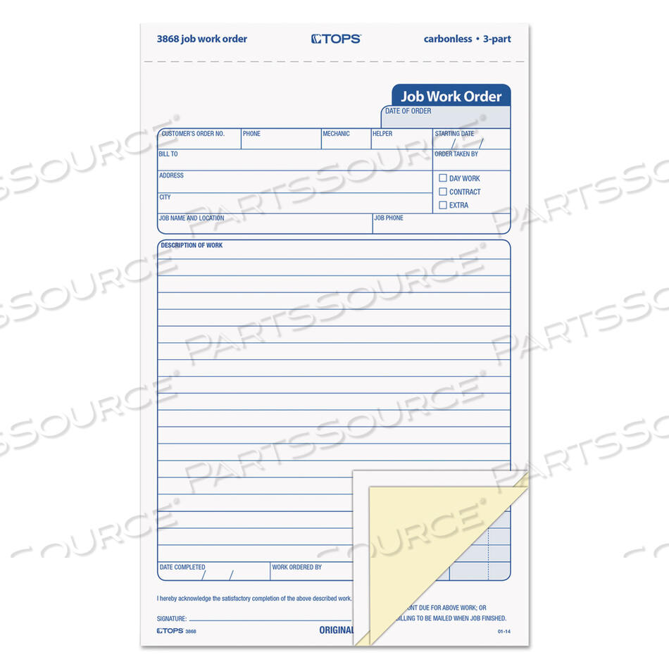 JOB WORK ORDER, THREE-PART CARBONLESS, 5.66 X 8.63, 50 FORMS TOTAL by Tops