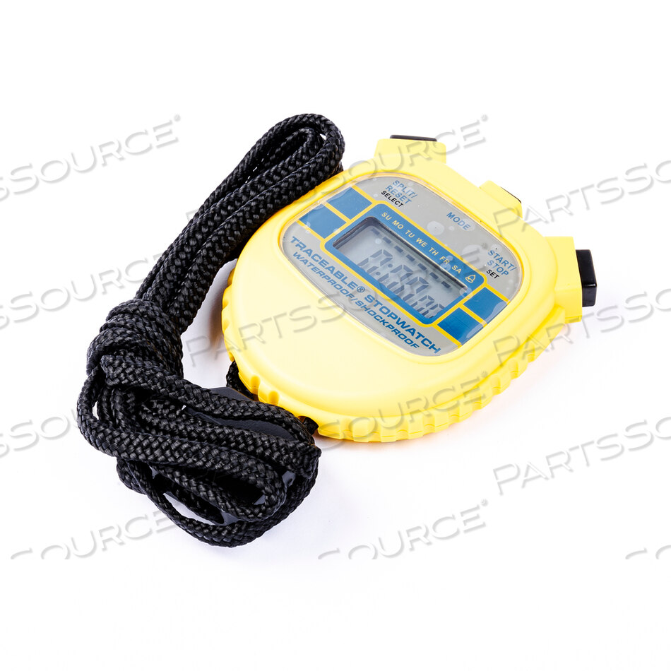 WATERPROOF/SHOCK-RESISTANT STOPWATCH, 24 HR, +/-8 SEC/DAY, LCD DISPLAY, 1.5 V 1.5 V BUTTON CELL, YELLOW, 2 IN X 2 IN X 1-1/2 IN, MEETS CE, NIS by Cole-Parmer Instrument Company