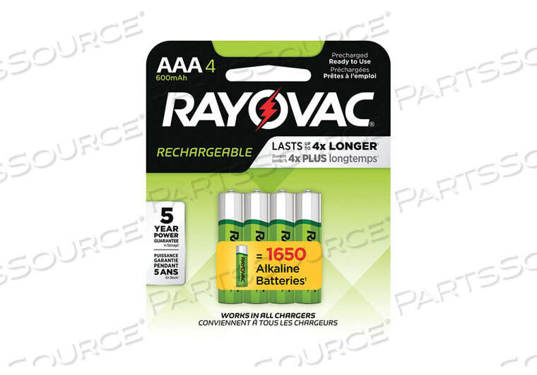 BATTERY RECHARGEABLE, RECHARGE, AAA, NICKEL METAL HYDRIDE, 1.2V, 600 MAH, (PACK OF 4) by Rayovac