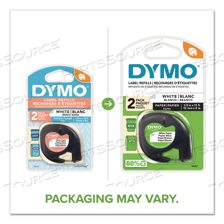 LETRATAG PAPER LABEL TAPE CASSETTES, 0.5" X 13 FT, WHITE, 2/PACK by Dymo