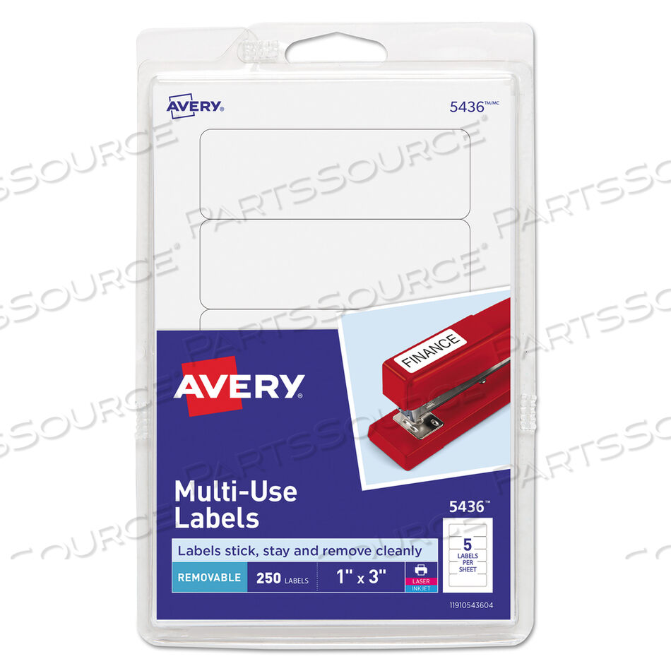 REMOVABLE MULTI-USE LABELS, INKJET/LASER PRINTERS, 1 X 3, WHITE, 5/SHEET, 50 SHEETS/PACK, (5436) by Avery