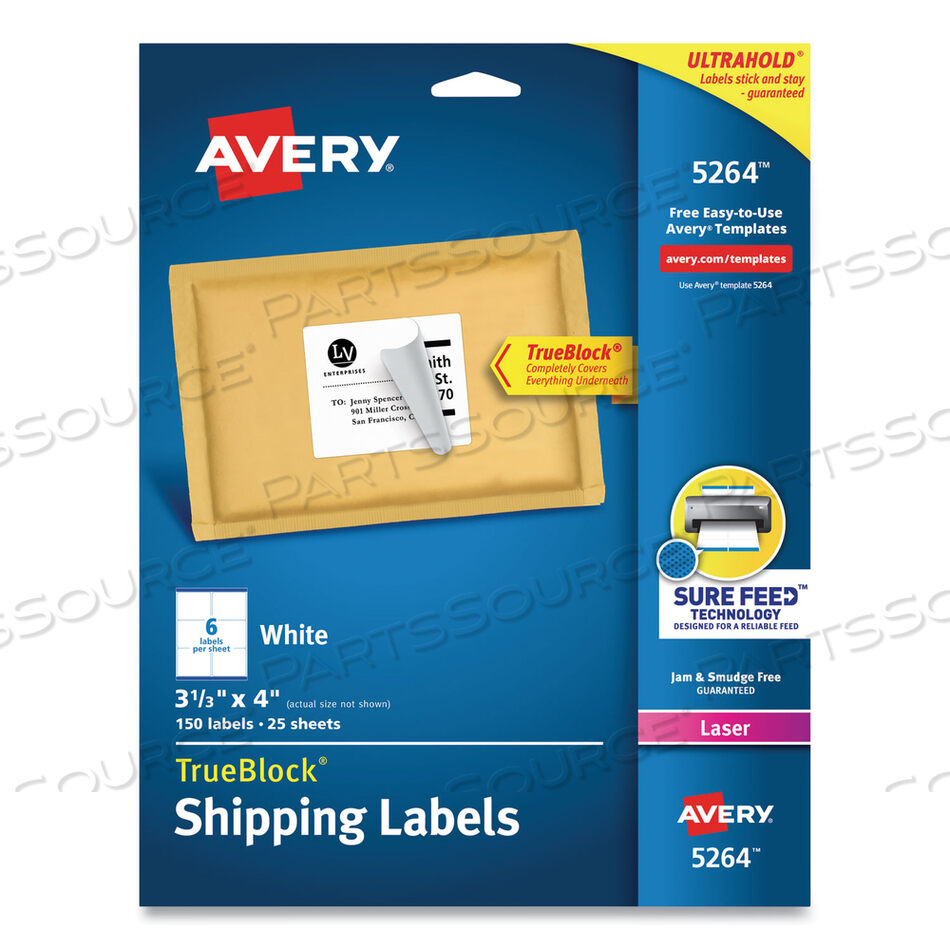 SHIPPING LABELS W/ TRUEBLOCK TECHNOLOGY, LASER PRINTERS, 3.33 X 4, WHITE, 6/SHEET, 25 SHEETS/PACK by Avery