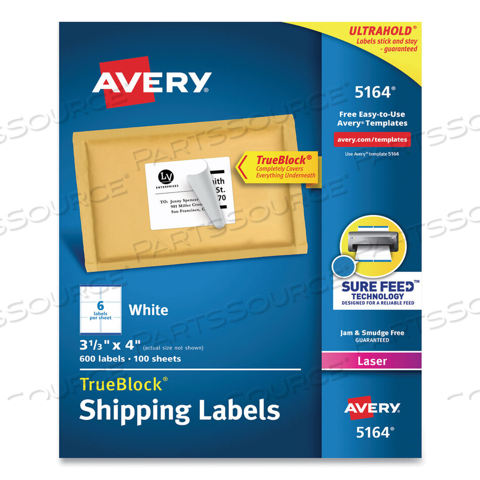 SHIPPING LABELS W/ TRUEBLOCK TECHNOLOGY, LASER PRINTERS, 3.33 X 4, WHITE, 6/SHEET, 100 SHEETS/BOX by Avery