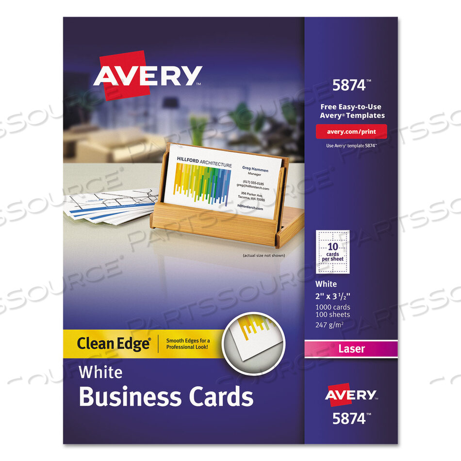 CLEAN EDGE BUSINESS CARDS, LASER, 2 X 3.5, WHITE, 1,000 CARDS, 10 CARDS/SHEET, 100 SHEETS/BOX by Avery