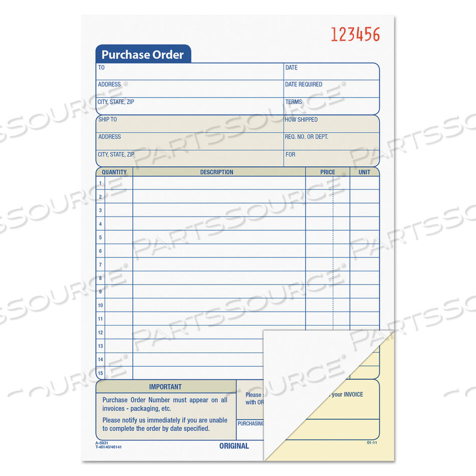 PURCHASE ORDER BOOK, 12 LINES, TWO-PART CARBONLESS, 5.56 X 8.44, 50 FORMS TOTAL by Tops