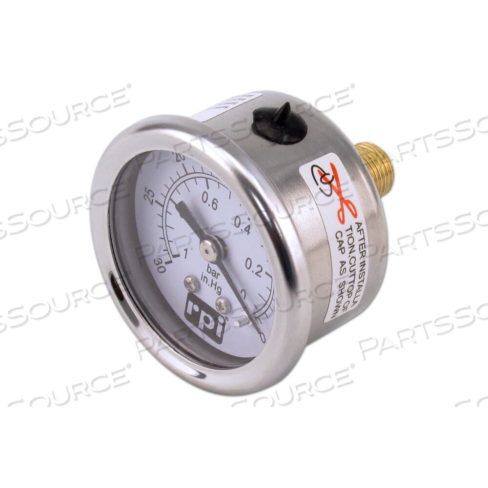 VACUUM GAUGE ASSEMBLY, 1/8 IN MPT, 1-1/2 IN DIA, 0 TO 30 INHG, STAINLESS STEEL, CENTER BACK MOUNTING 