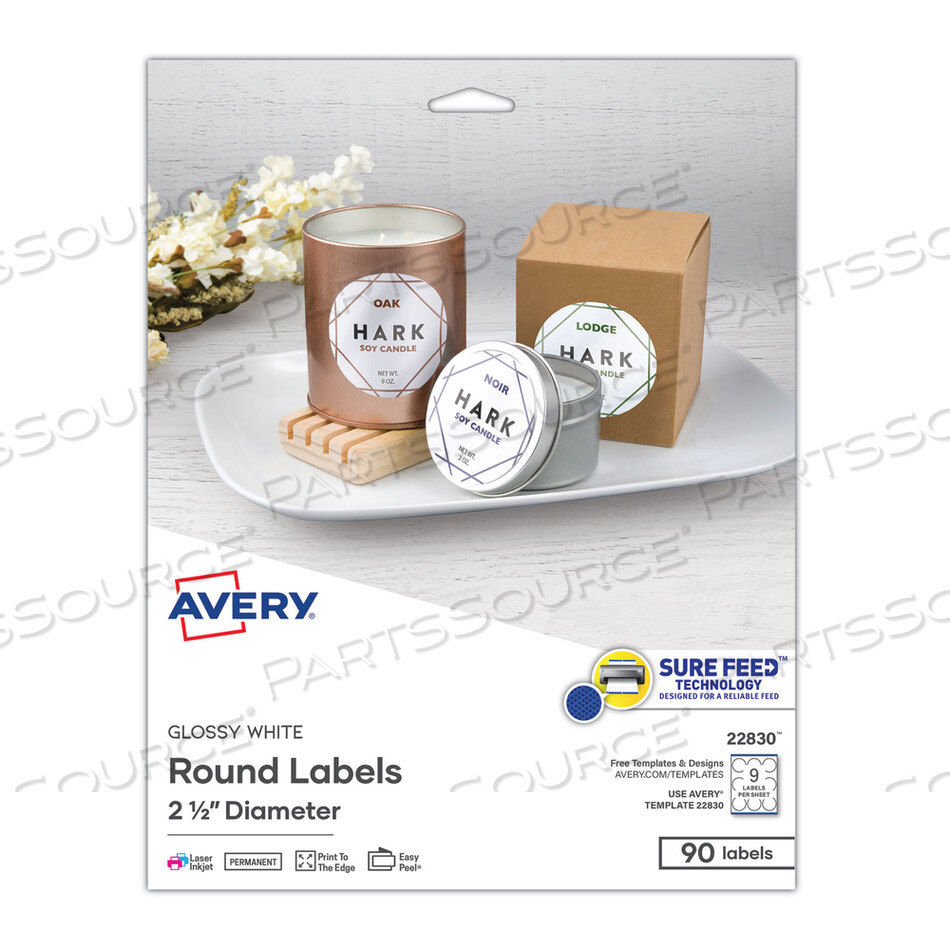 ROUND PRINT-TO-THE EDGE LABELS WITH SUREFEED, 2.5" DIA, GLOSSY WHITE, 90/PK by Avery