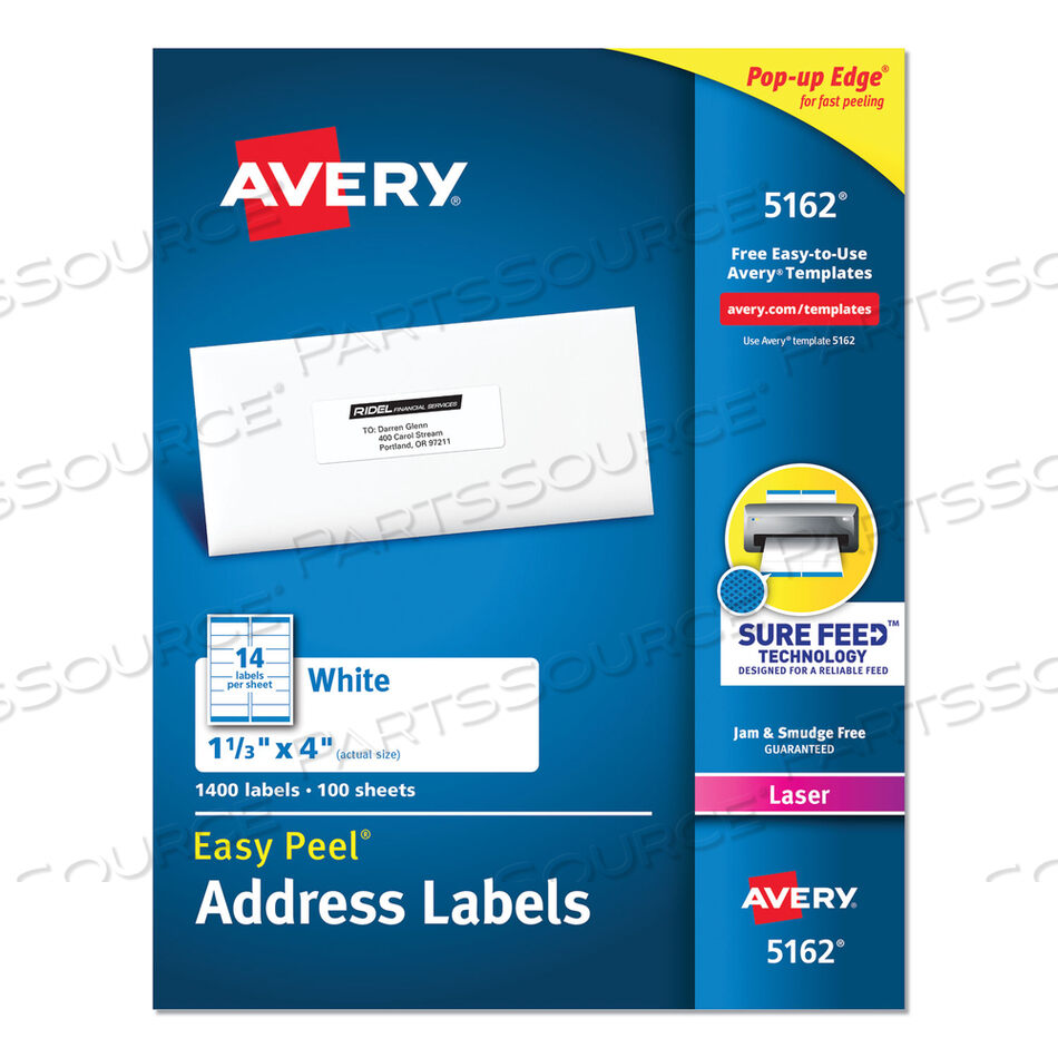 EASY PEEL WHITE ADDRESS LABELS W/ SURE FEED TECHNOLOGY, LASER PRINTERS, 1.33 X 4, WHITE, 14/SHEET, 100 SHEETS/BOX by Avery