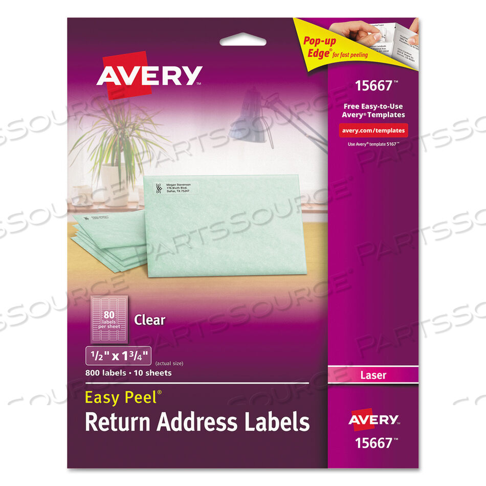 MATTE CLEAR EASY PEEL MAILING LABELS W/ SURE FEED TECHNOLOGY, LASER PRINTERS, 0.5 X 1.75, CLEAR, 80/SHEET, 10 SHEETS/PACK by Avery