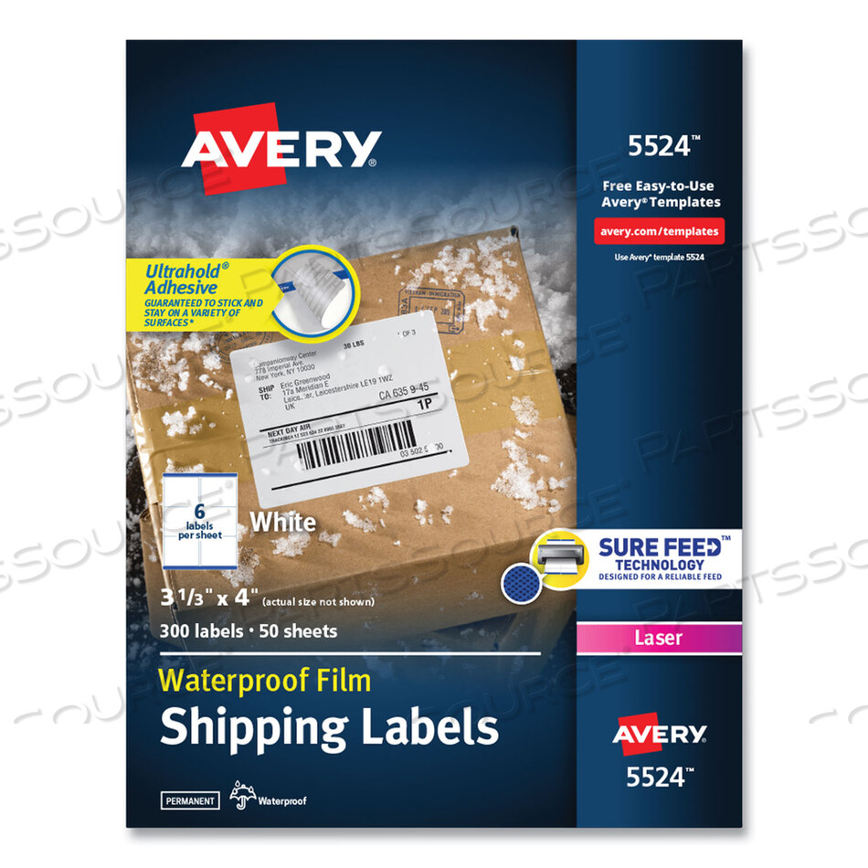 WATERPROOF SHIPPING LABELS WITH TRUEBLOCK AND SURE FEED, LASER PRINTERS, 3.33 X 4, WHITE, 6/SHEET, 50 SHEETS/PACK by Avery